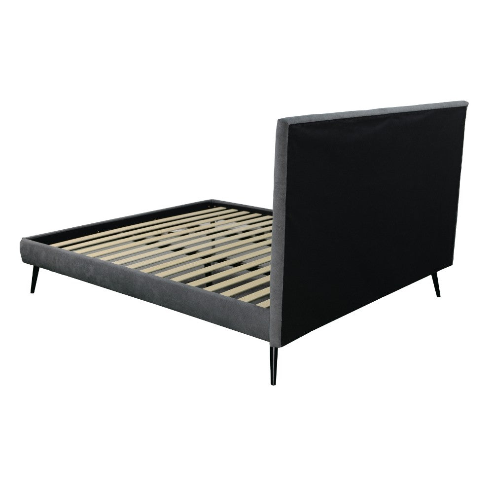 letto singolo stiletto con rete fissa in tessuto ash grigio, vista laterale con struttura compatta e linee pulite