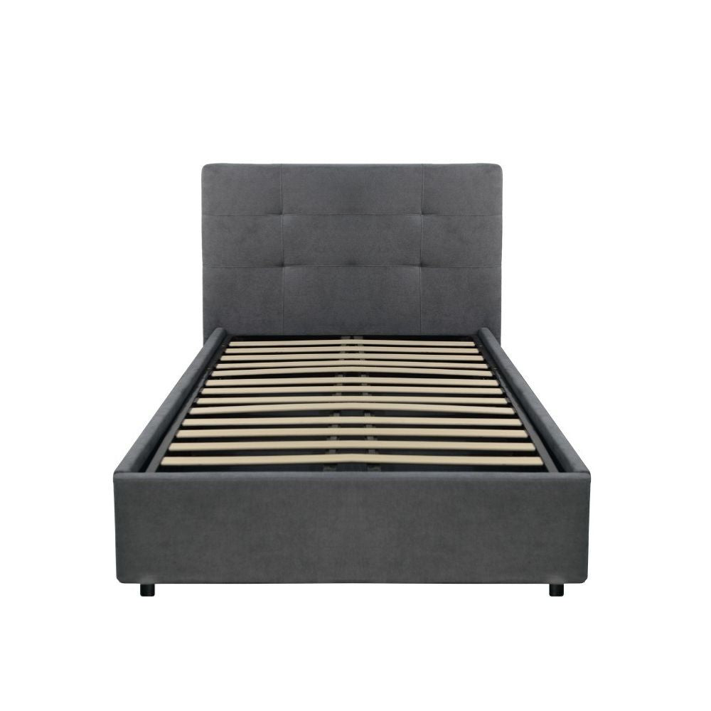 letto singolo ascoli contenitore in tessuto ash grigio, letto imbottito ambientato in cameretta moderna o minimalista