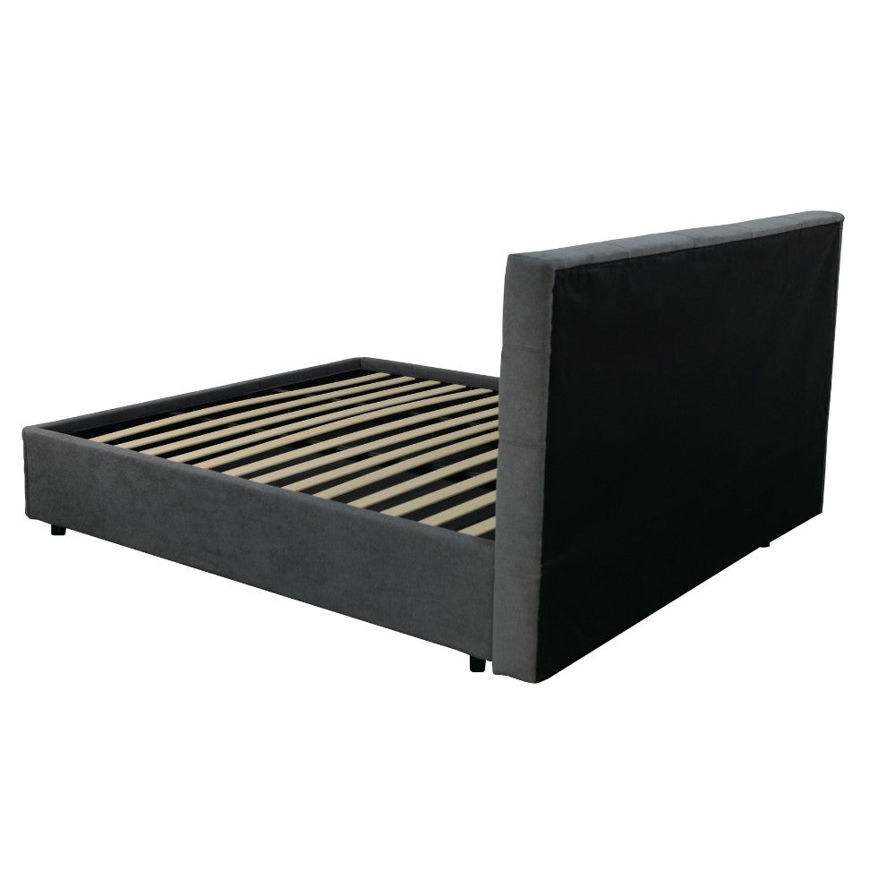 letto singolo ascoli contenitore in tessuto ash grigio, vista laterale con struttura compatta e linee pulite