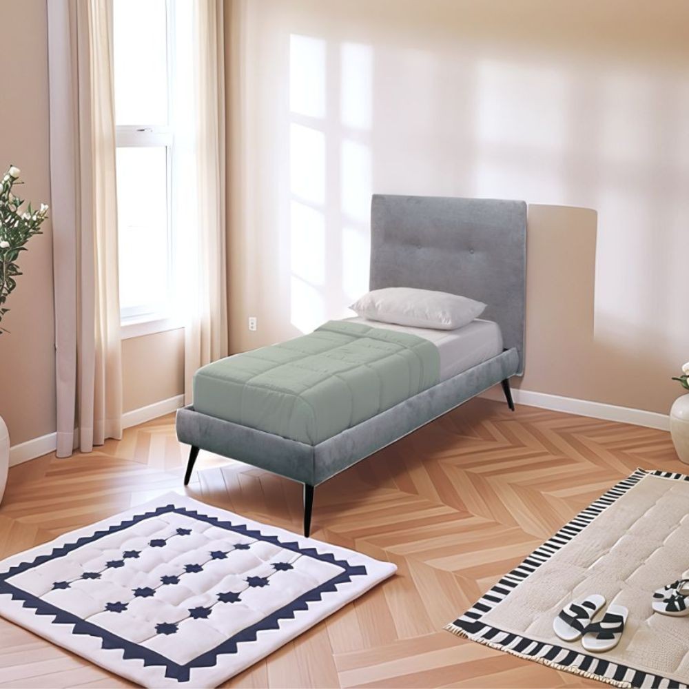 letto singolo stiletto con rete fissa in tessuto grigio chiaro, letto singolo imbottito con testiera soffice e rivestimento in tessuto
