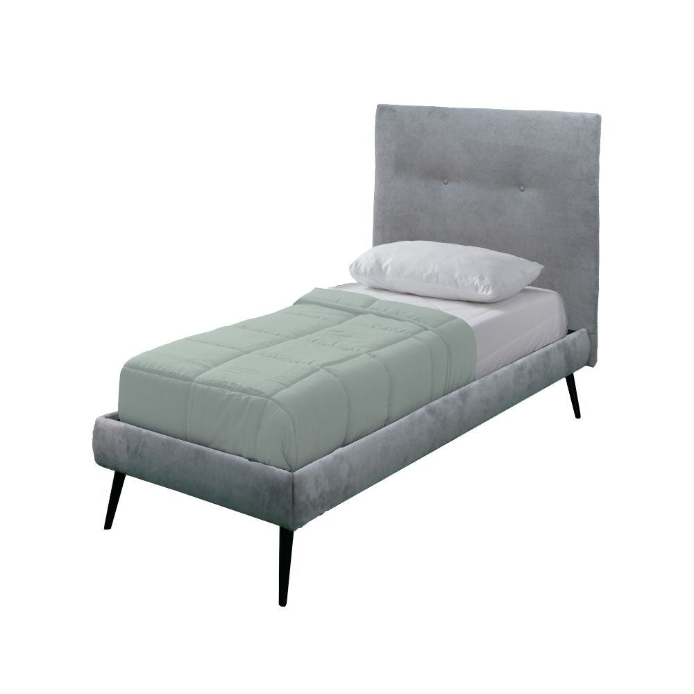 letto singolo stiletto con rete fissa in tessuto grigio chiaro, dettaglio delle cuciture e del tessuto soft-touch o effetto lino