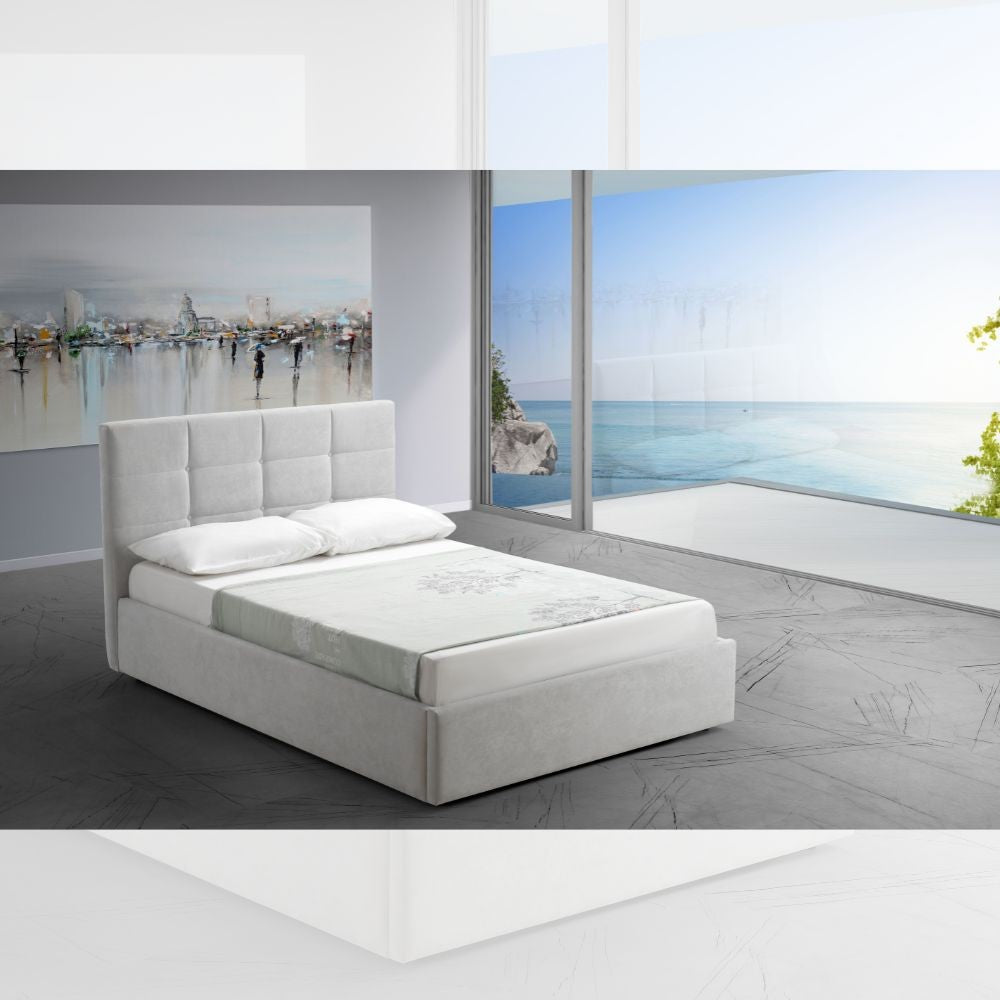 letto una piazza e mezza con contenitore napoli grigio soro 90, ambientazione d’arredo con il prodotto protagonista