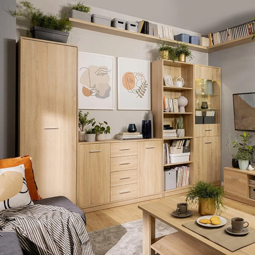 libreria nepo con 5 nicchie a giorno colore rovere, ideale per organizzare libri, piante e accessori d'arredo