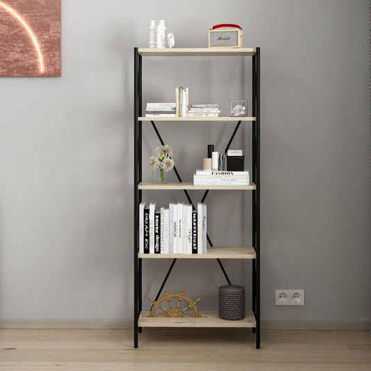 libreria axel con struttura in metallo nero e 5 mensole in rovere sonoma, libreria moderna con ripiani regolabili per libri e oggetti decorativi