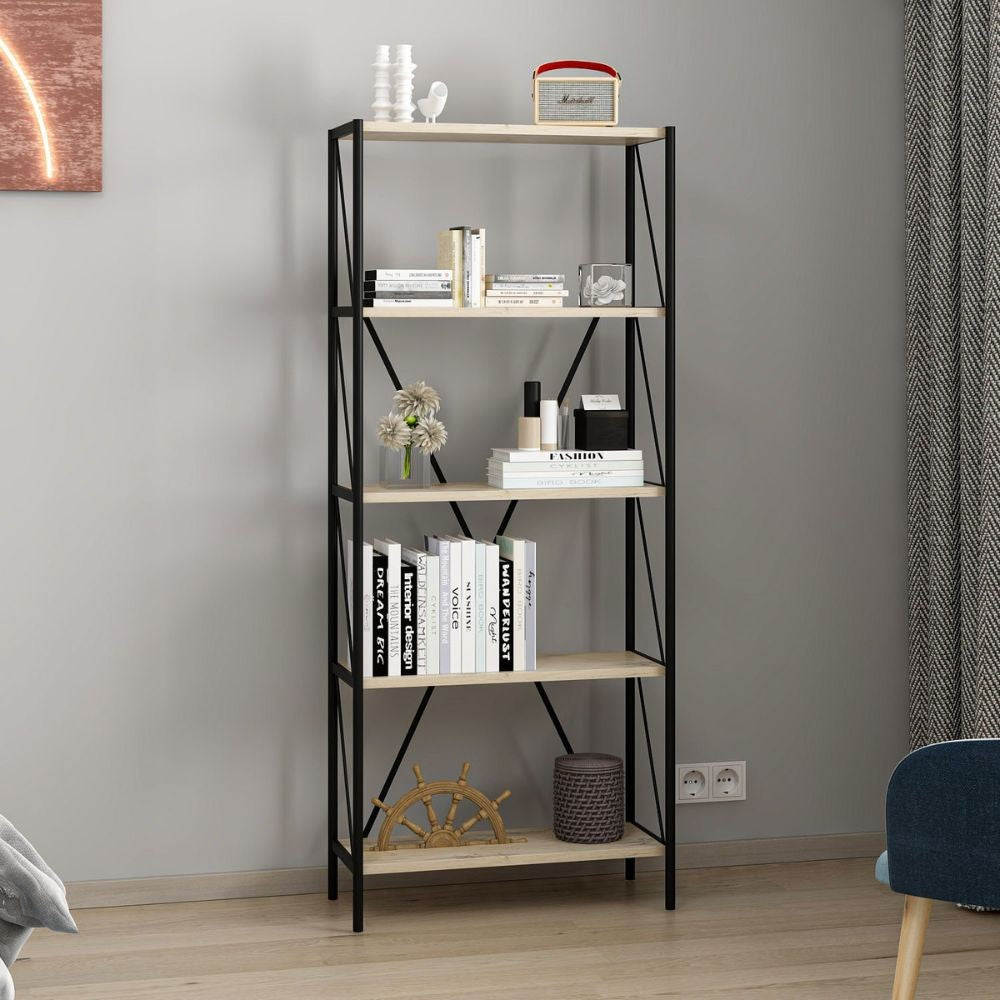 libreria axel con struttura in metallo nero e 5 mensole in rovere sonoma, ideale per organizzare libri, piante e accessori d'arredo