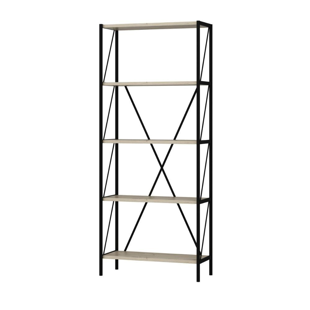 libreria axel con struttura in metallo nero e 5 mensole in rovere sonoma, perfetta per valorizzare pareti vuote e creare spazi funzionali