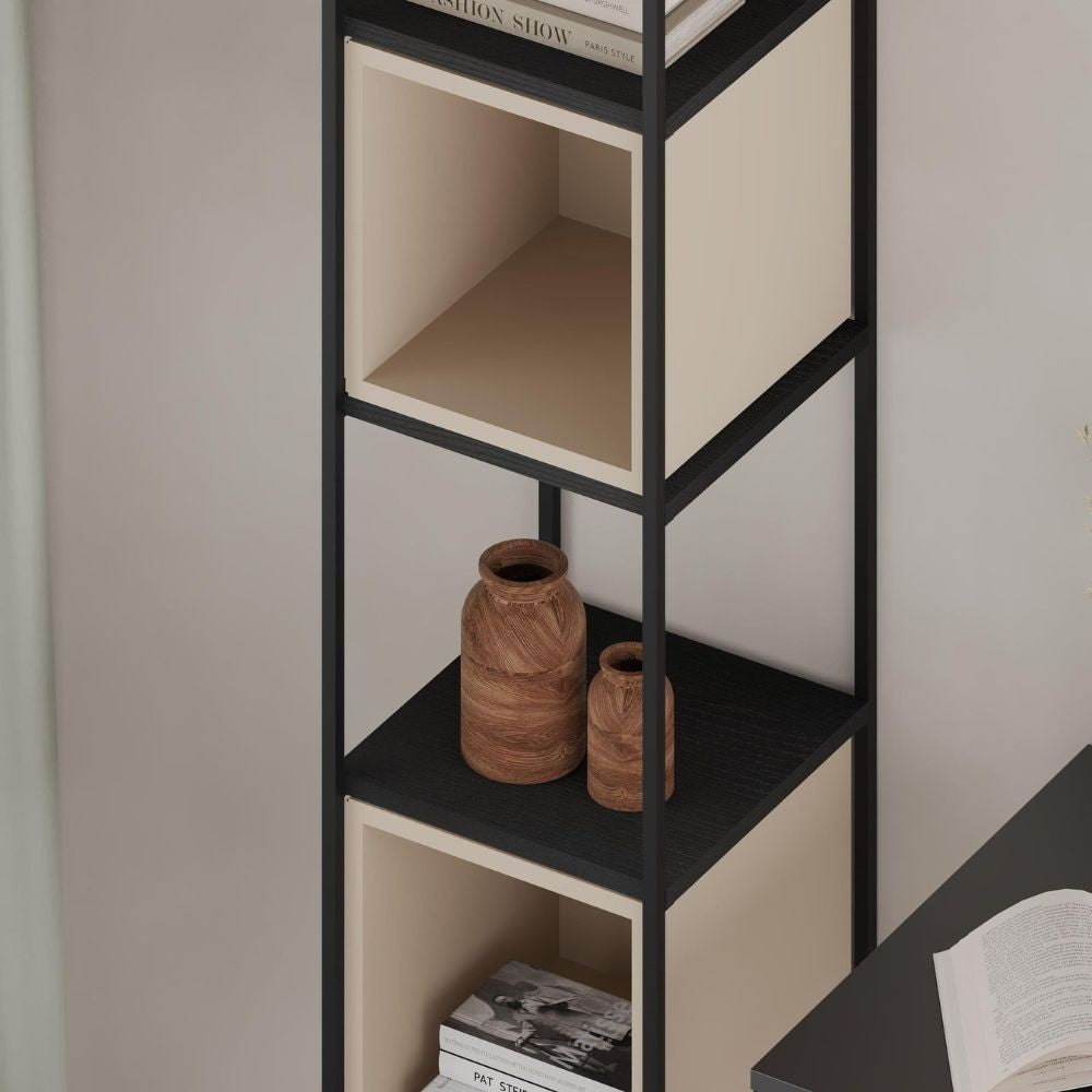 libreria vale mini con struttura in metallo nero e cubotti cashmere, dettaglio della struttura in legno o metallo, robusta e funzionale