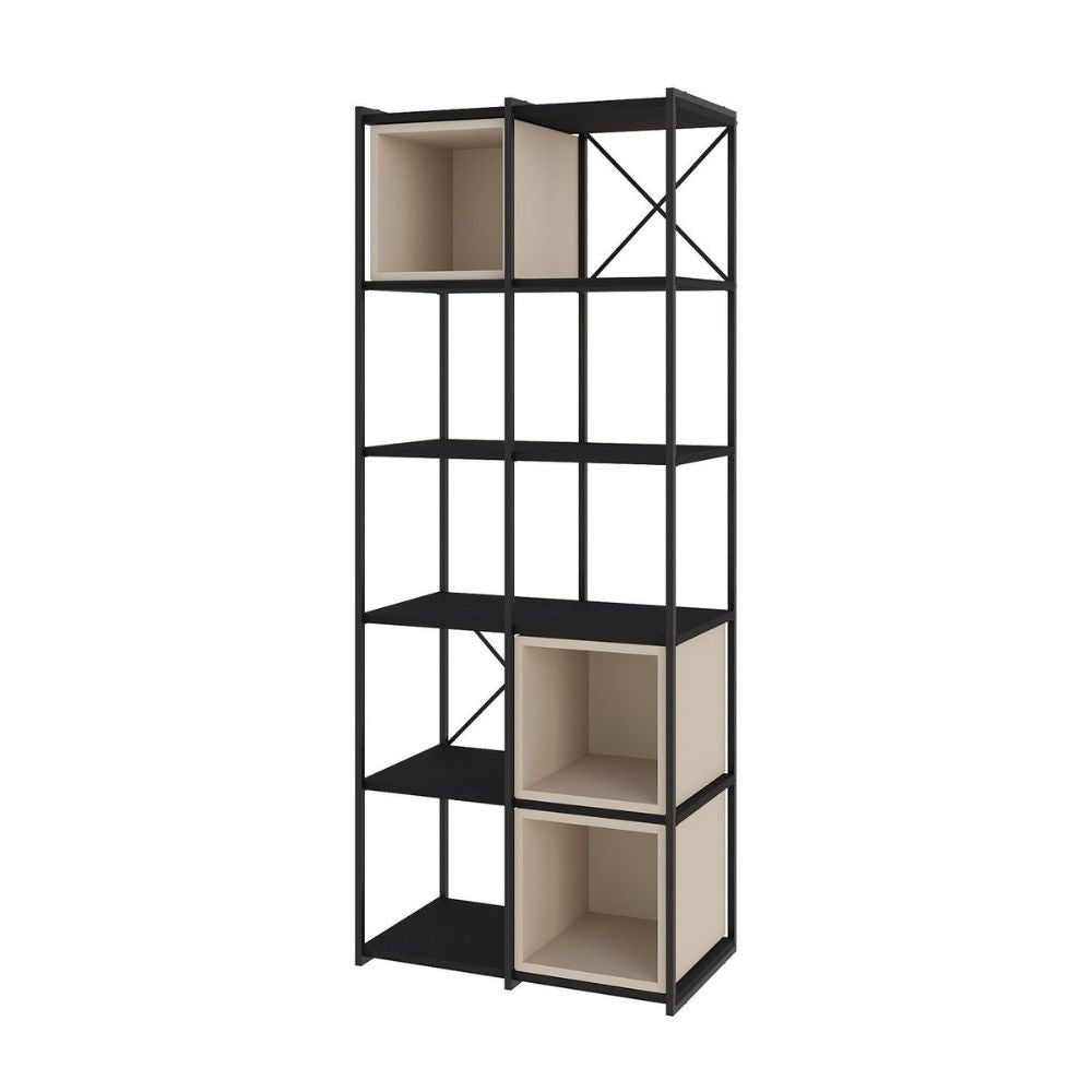 libreria vale midi con struttura in metallo nero e cubotti cashmere, design versatile per ambienti moderni, scandinavi o industriali