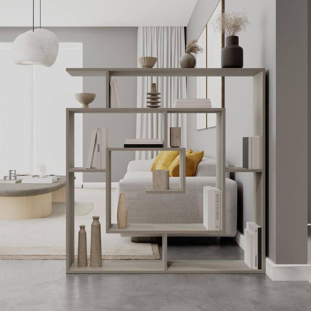 libreria labirent colore cashmere, vista ambientata in soggiorno o studio con libreria a giorno
