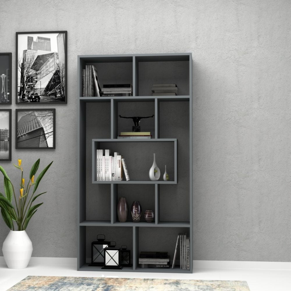 libreria face grigio cemento 90x30x170h cm, vista ambientata in soggiorno o studio con libreria a giorno