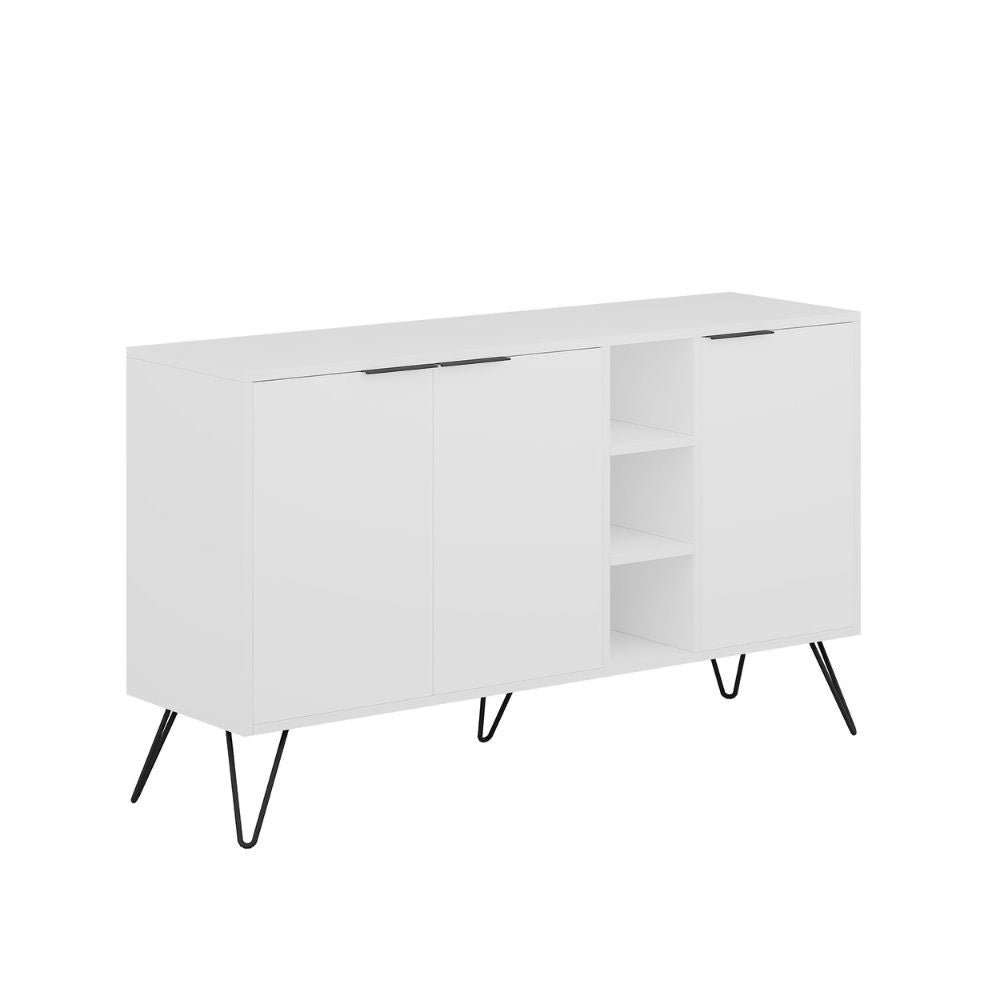 madia clara bianco 3 ante 142x35,6x83h, dettaglio delle maniglie e finitura del materiale