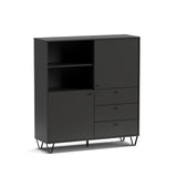 credenza aldo 6 con 2 ante e 3 cassetti colore antracite, dettaglio delle maniglie e finitura del materiale