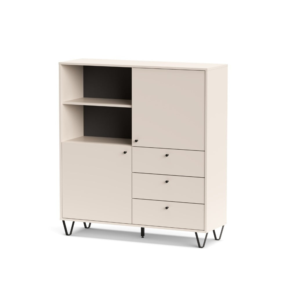 credenza aldo 6 con 2 ante e 3 cassetti colore cashmere, dettaglio delle maniglie e finitura del materiale