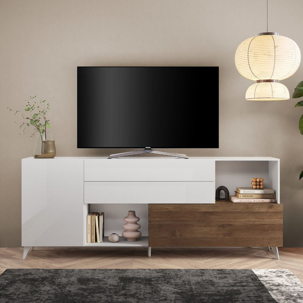 madia marion 240 cm. colore bianco ludico e mercure, credenza in legno con ante battenti e spazio interno capiente