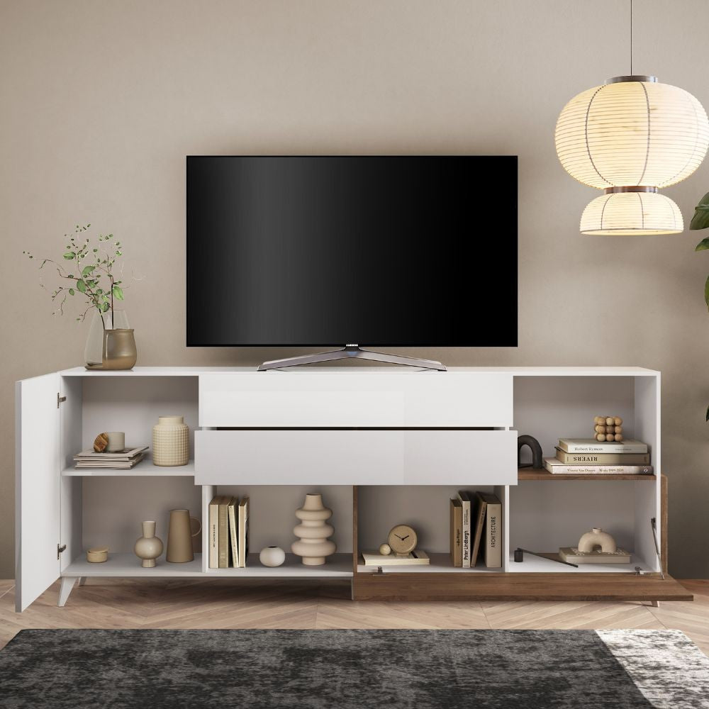 madia marion 240 cm. colore bianco ludico e mercure, vista ambientata in soggiorno, sala da pranzo o ingresso