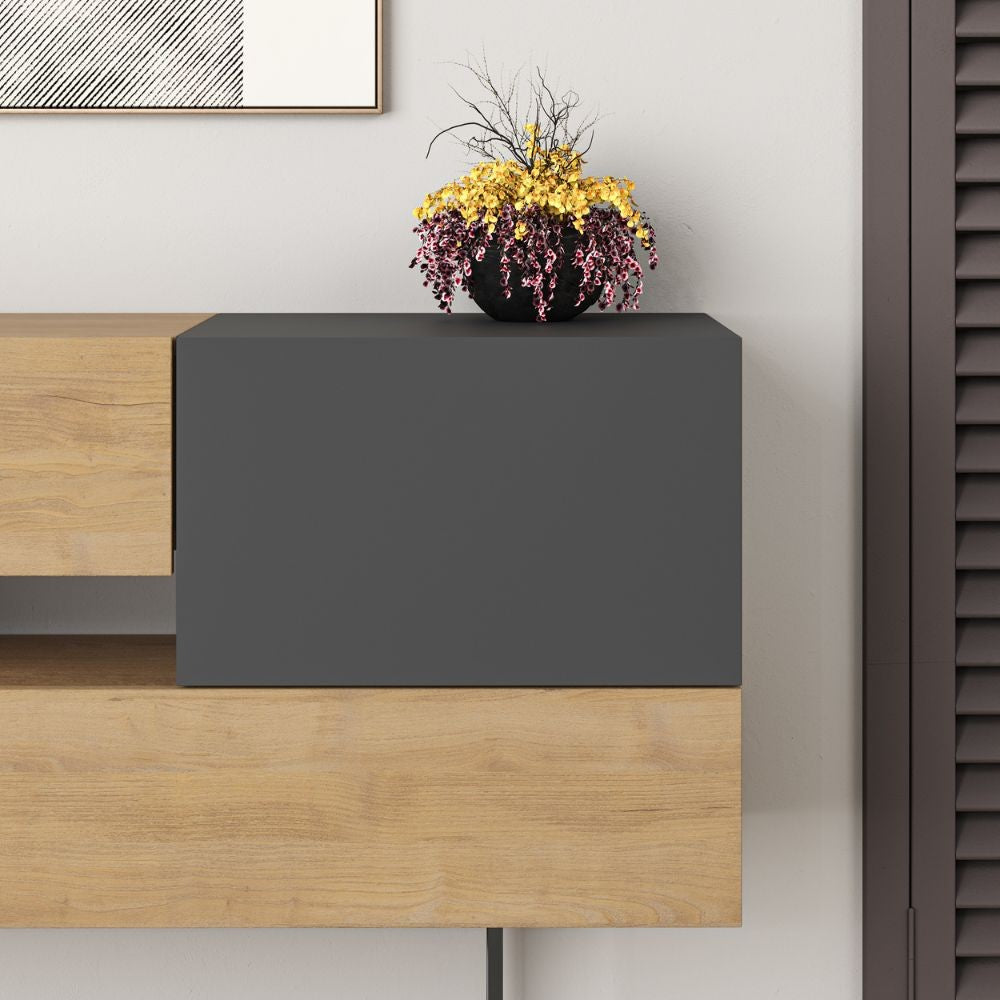 madia eros con due cassetti in rovere e due ante antracite, dettaglio delle maniglie e finitura del materiale