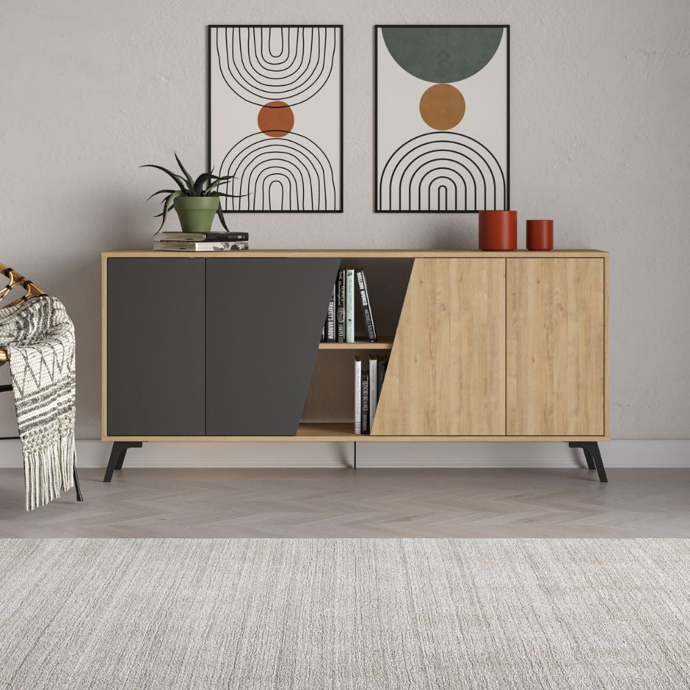madia fiona 180 cm. con 2 ante rovere e due ante antracite, credenza in legno con ante battenti e spazio interno capiente