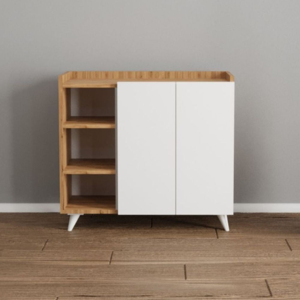 madia alary con vani a giorno rovere e ante bianche 90x35x82 cm., credenza in legno con ante battenti e spazio interno capiente