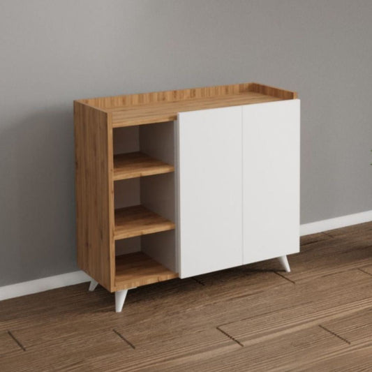 madia alary con vani a giorno rovere e ante bianche 90x35x82 cm., vista ambientata in soggiorno, sala da pranzo o ingresso