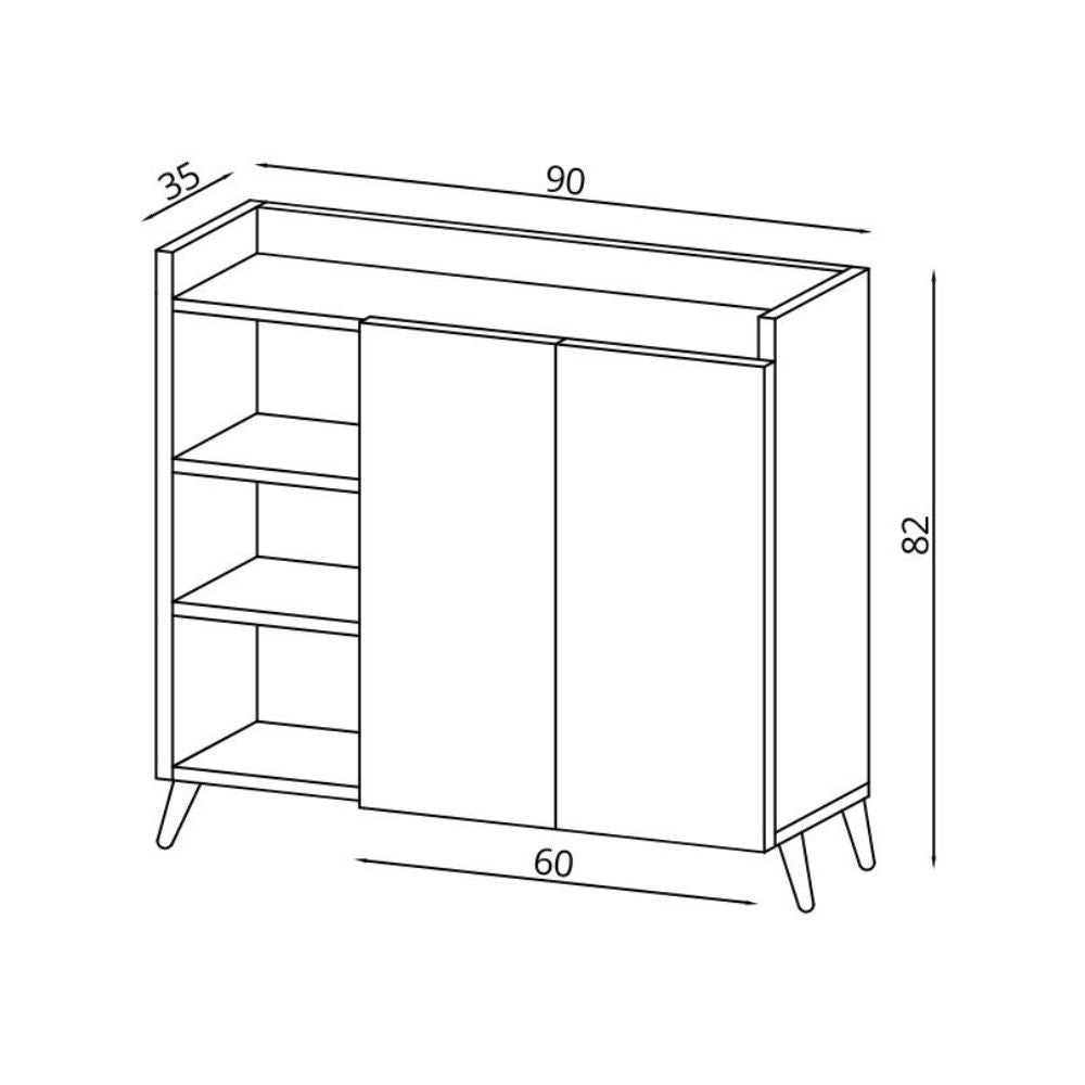 madia alary con vani a giorno rovere e ante bianche 90x35x82 cm., dettaglio delle maniglie e finitura del materiale