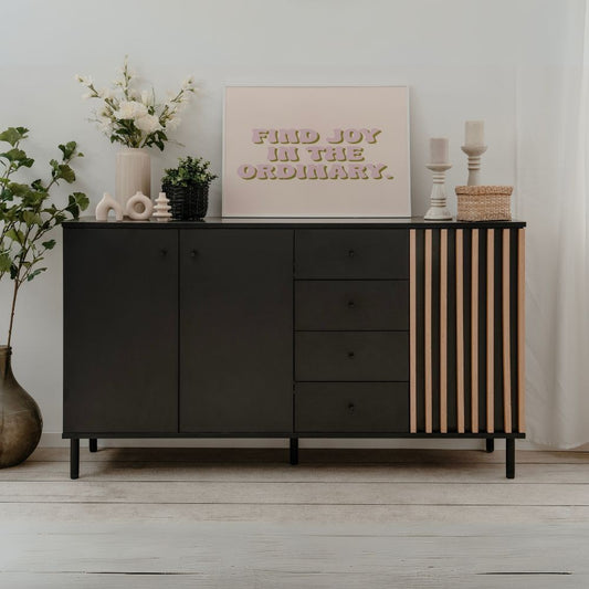 madia monza 51c 3 ante 4 cassetti in nero con listelli rovere effetto cannettato, credenza in legno con ante battenti e spazio interno capiente