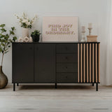 madia monza 51c 3 ante 4 cassetti in nero con listelli rovere effetto cannettato, credenza in legno con ante battenti e spazio interno capiente