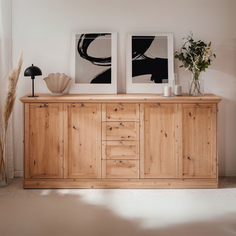 credenza timber 51a con 4 ante e 4 cassetti colore rovere anticato, credenza in legno con ante battenti e spazio interno capiente