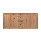 credenza timber 51a con 4 ante e 4 cassetti colore rovere anticato, dettaglio delle maniglie e finitura del materiale