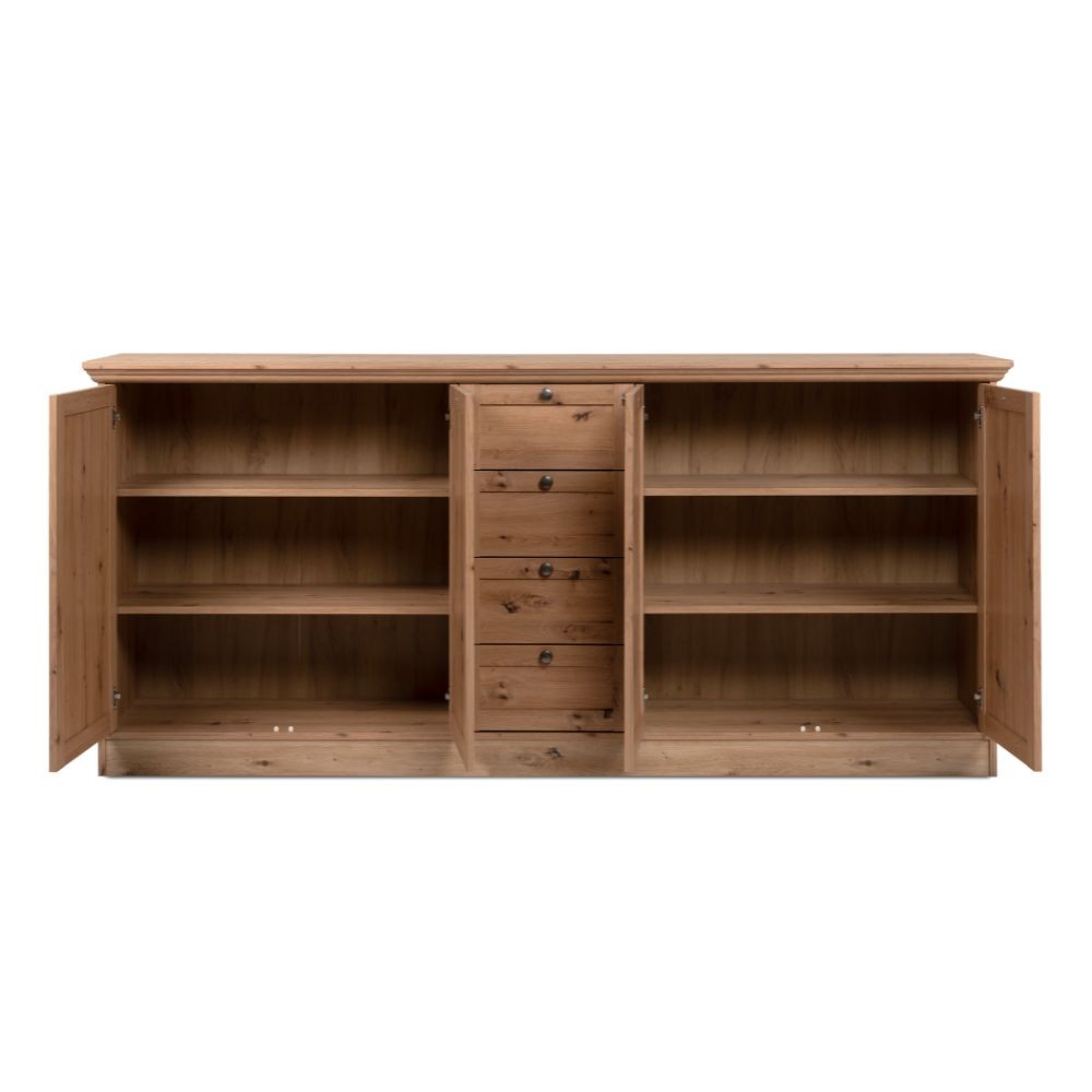 credenza timber 51a con 4 ante e 4 cassetti colore rovere anticato, perfetta per arredare con funzionalità ambienti living e cucina