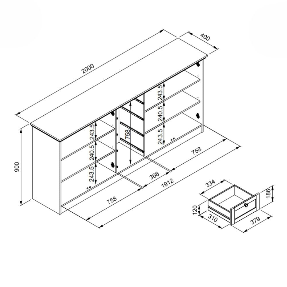 credenza timber 51a con 4 ante e 4 cassetti colore rovere anticato, mobile contenitore versatile con cassetti o ripiani interni