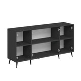 madia kale 4 ante a filo effetto cannettato nero con maniglie e piedini neri, madia moderna per contenere stoviglie, tovaglie e oggetti decorativi