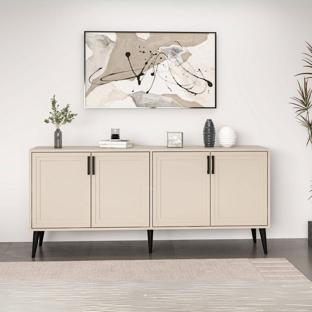 madia prime con 4 ante colore cashmere con maniglie e piedini neri, credenza in legno con ante battenti e spazio interno capiente