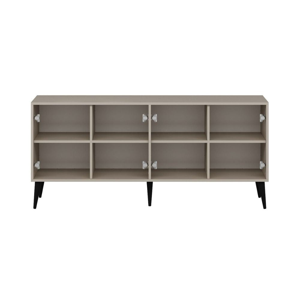 madia prime con 4 ante colore cashmere con maniglie e piedini neri, mobile contenitore versatile con cassetti o ripiani interni