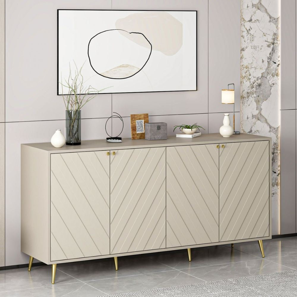 madia jana con 4 ante in cashmere con intagli maniglie e piedini oro, vista ambientata in soggiorno, sala da pranzo o ingresso