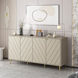 madia jana con 4 ante in cashmere con intagli maniglie e piedini oro, dettaglio delle maniglie e finitura del materiale