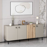 madia mila con 3 ante cashmere e 1 anta rovere con maniglie e piedini neri, dettaglio delle maniglie e finitura del materiale