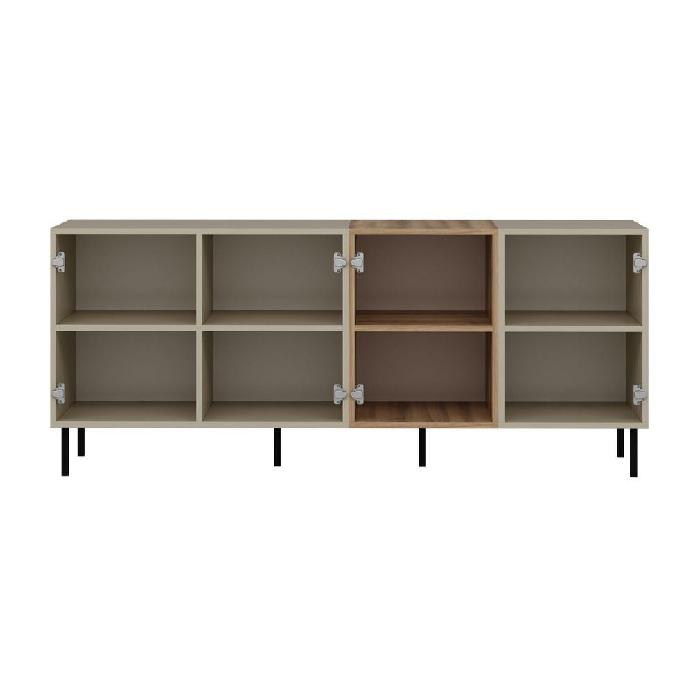 madia mila con 3 ante cashmere e 1 anta rovere con maniglie e piedini neri, mobile contenitore versatile con cassetti o ripiani interni