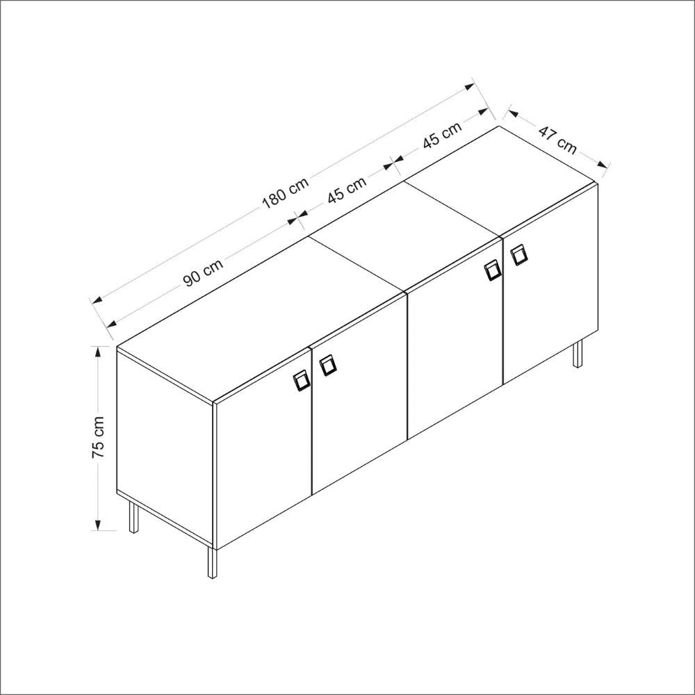 madia mila con 3 ante cashmere e 1 anta rovere con maniglie e piedini neri, credenza ideale per aggiungere stile e ordine alla casa