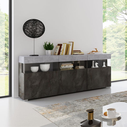 madia itaca con 3 ante e 3 vani a giorno con inserti in vetro colore ossido e cemento, vista ambientata in soggiorno, sala da pranzo o ingresso