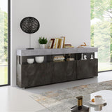 madia itaca con 3 ante e 3 vani a giorno con inserti in vetro colore ossido e cemento, vista ambientata in soggiorno, sala da pranzo o ingresso