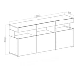 madia itaca con 3 ante e 3 vani a giorno con inserti in vetro colore ossido e cemento, dettaglio delle maniglie e finitura del materiale