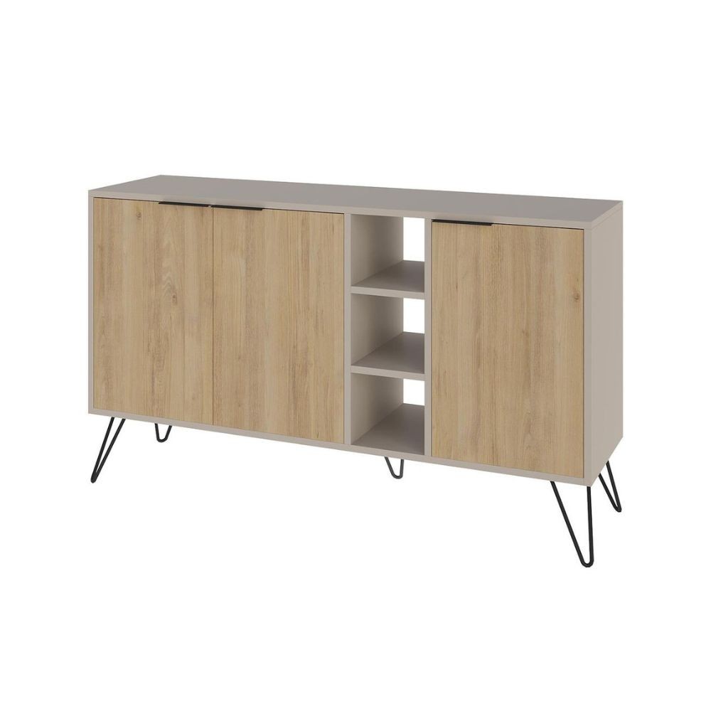 madia clara con struttura cashmere 3 ante rovere e nicchie a giorno 142x35,6x83h, dettaglio delle maniglie e finitura del materiale