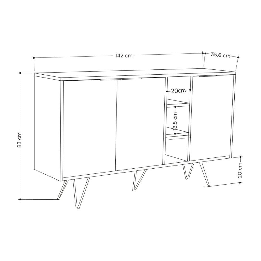 madia clara con struttura cashmere 3 ante rovere e nicchie a giorno 142x35,6x83h, madia moderna per contenere stoviglie, tovaglie e oggetti decorativi