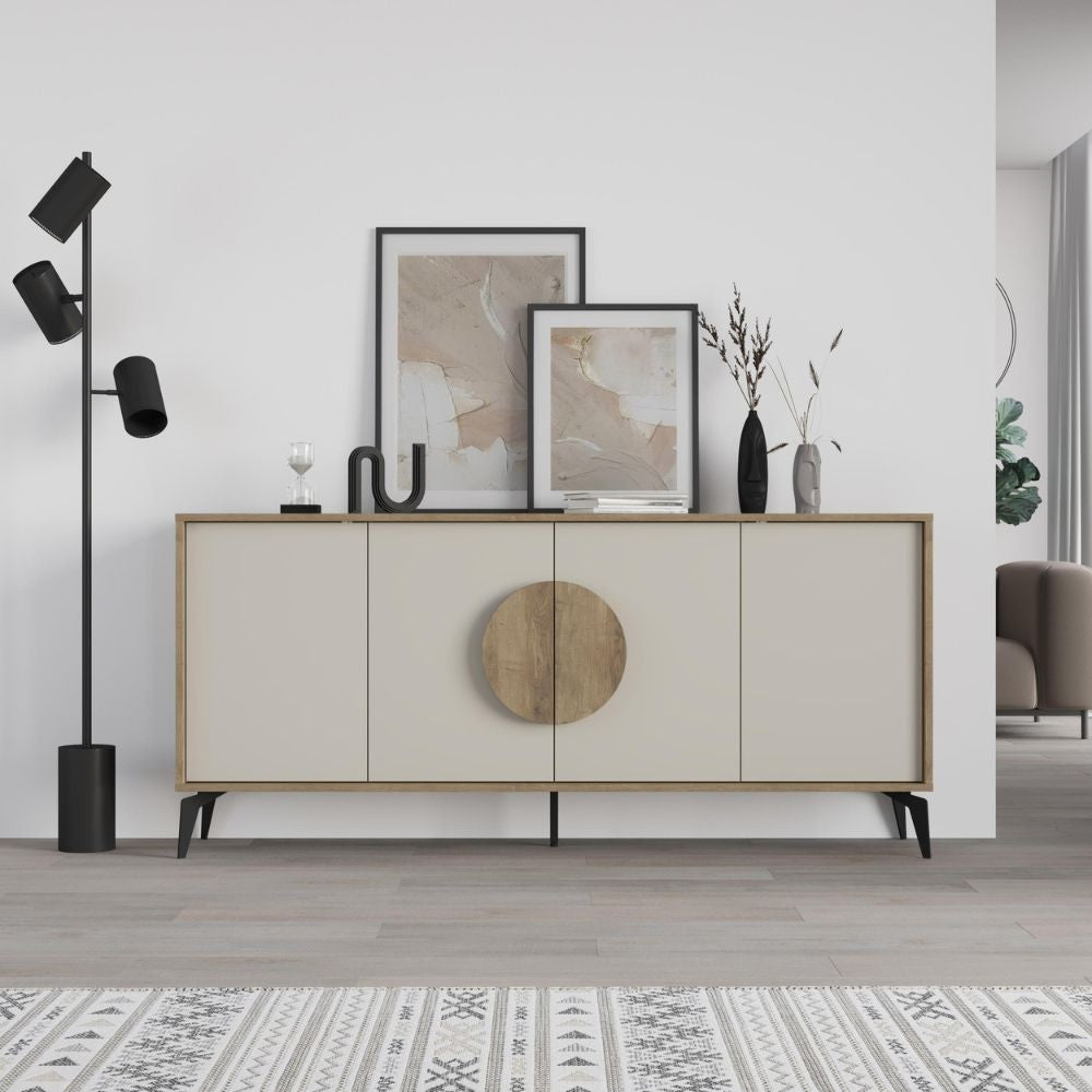 madia gora 180 cm struttura colore noce hitit con ante cashmere, credenza in legno con ante battenti e spazio interno capiente