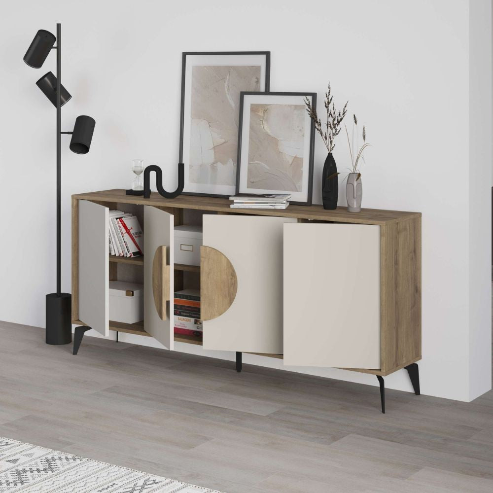 madia gora 180 cm struttura colore noce hitit con ante cashmere, dettaglio delle maniglie e finitura del materiale