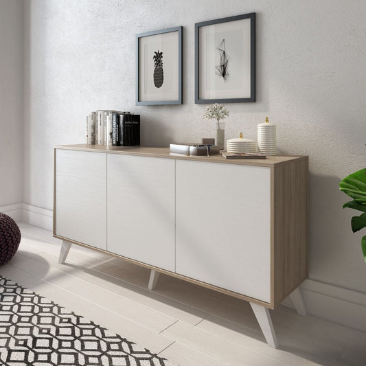 madia nimes con 3 ante colore bianco rustica e struttura in olmo almeria, credenza in legno con ante battenti e spazio interno capiente