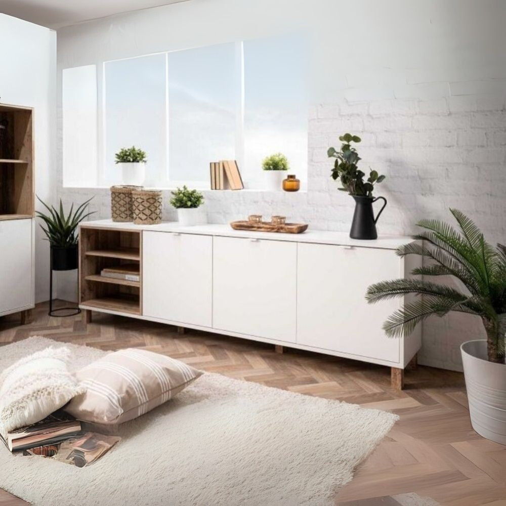 madia menorca 57a 3 ante bianco rovere 200x35x64,5, credenza in legno con ante battenti e spazio interno capiente