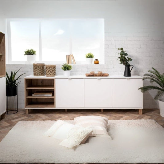 madia menorca 57a 3 ante bianco rovere 200x35x64,5, vista ambientata in soggiorno, sala da pranzo o ingresso