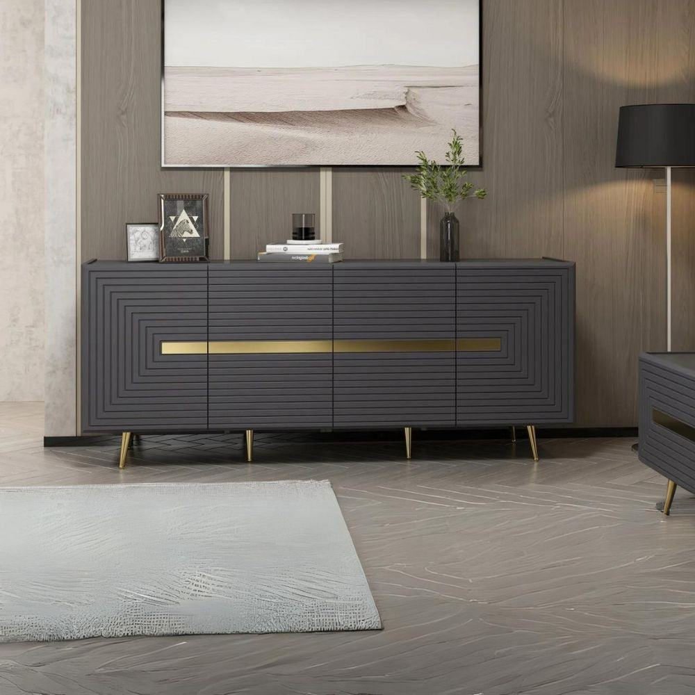 madia jose 4 ante antracite con particolari oro 180x47x75h, dettaglio delle maniglie e finitura del materiale