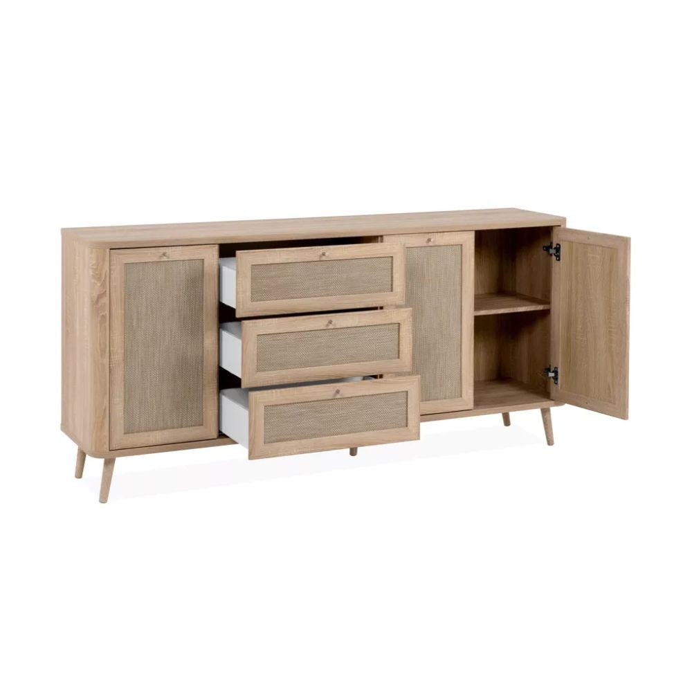 madia kuta51a rovere sonoma 3 cassetti e 3 ante effetto rafia, dettaglio delle maniglie e finitura del materiale